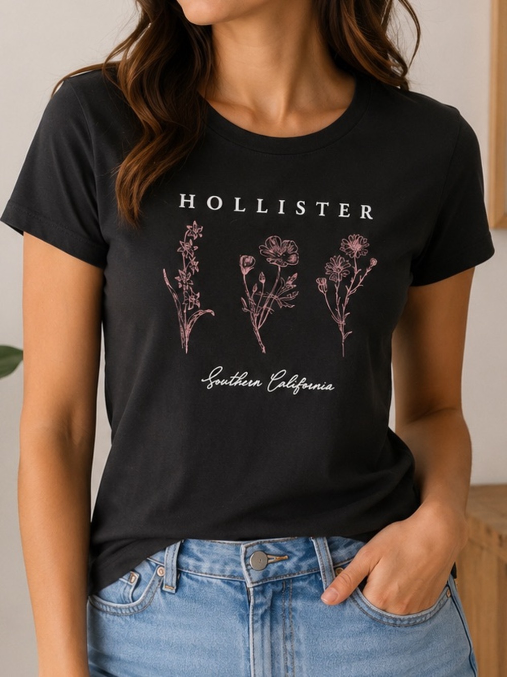 Hollister Black Floral Graphic Tee Southern California XS